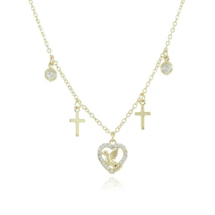 Colar em ouro com pingentes de coração, pomba e cruzes cravejados de zircônias