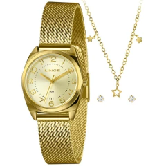 Kit de relógio feminino Lince dourado com pulseira de malha e colar com estrelas e pedras brilhantes.