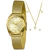 Kit de relógio feminino Lince dourado com pulseira de malha e colar com estrelas e pedras brilhantes.