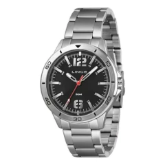 Relógio Lince Masculino Prata com mostrador preto e pulseira de aço inoxidável.