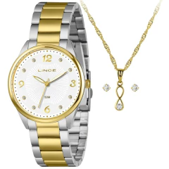 Kit feminino com relógio Lince misto dourado e prata, colar dourado com pingente em formato de infinito e brincos de pedras brilhantes