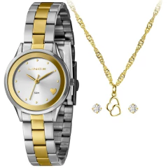 Kit feminino com relógio Lince prata com detalhes dourados, colar dourado com pingente de corações entrelaçados e par de brincos com pedras transparentes