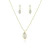Conjunto de semijoias com zircônias navete, incluindo um colar e brincos em tom dourado.
