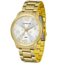 Relógio feminino dourado Lince com mostrador branco e detalhes de estrelas