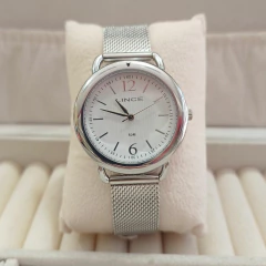 Relógio feminino Lince prata com pulseira de malha metálica e mostrador branco