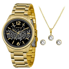 Kit relógio feminino Lince dourado com mostrador preto decorado com cristais, acompanhado de colar e brincos dourados com pedras transparentes