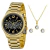 Kit relógio feminino Lince dourado com mostrador preto decorado com cristais, acompanhado de colar e brincos dourados com pedras transparentes
