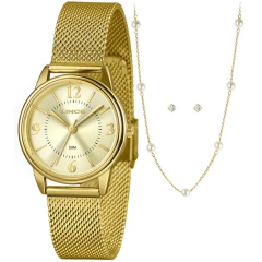 Kit Relógio Feminino Lince dourado com pulseira de malha e conjunto de colar com pérolas e brincos de brilhante