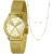 Kit Relógio Feminino Lince dourado com pulseira de malha e conjunto de colar com pérolas e brincos de brilhante
