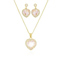 Conjunto coraçao rosa cravejado