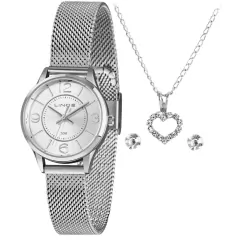 Kit de relógio feminino Lince com bracelete de malha prateada, relógio de mostrador prateado, colar com pingente em forma de coração e brincos de strass.