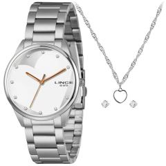 Kit Relógio Feminino Lince Prata com colar e brincos em formato de coração