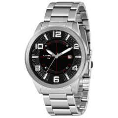 Relógio masculino Lince prata com mostrador preto e pulseira de aço inoxidável.