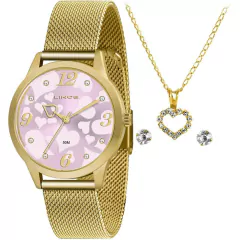 Kit relogio feminino Lince dourado com bracelete de malha, mostrador rosa e acessórios de coração.