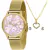 Kit relogio feminino Lince dourado com bracelete de malha, mostrador rosa e acessórios de coração.