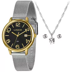 Kit Relógio Feminino Lince com mostrador preto, pulseira de malha metálica e acessórios de bijuteria.