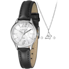 Kit relógio feminino Lince com pulseira preta de couro e mostrador prata, acompanhado de colar e brincos prateados com pingente de borboleta