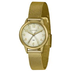 Relógio feminino dourado Lince  com pulseira de malha metálica e mostrador claro com números 