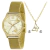 Kit relógio feminino Lince com relógio dourado, bracelete em malha e pingente de borboleta.