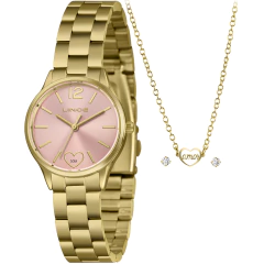 Kit feminino com relógio Lince dourado com mostrador rosa e colar com pingente de coração escrito amor, acompanhado de brincos de ponto de luz