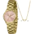 Kit feminino com relógio Lince dourado com mostrador rosa e colar com pingente de coração escrito amor, acompanhado de brincos de ponto de luz