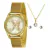 Kit feminino dourado Lince com relógio de pulso com borboleta no mostrador e pedras brilhantes, colar e brincos com pedras transparentes