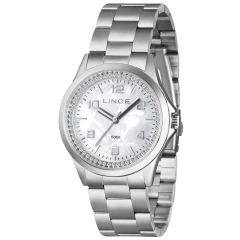 Relógio feminino prata Lince com pulseira metálica e mostrador branco com detalhes brilhantes