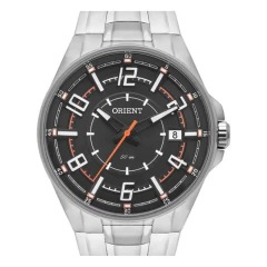 Relógio masculino Orient MBSS1442P0SX com pulseira de aço inoxidável e mostrador preto com detalhes em branco e laranja