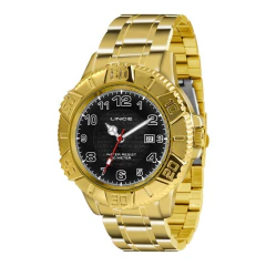 Relógio masculino Lince dourado com mostrador preto, números brancos e pulseira metálica dourada