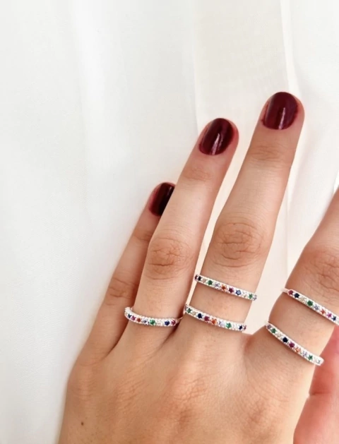 Anel aparador cravejado colorido (aro 20, 24) (Prata 925) - comprar online