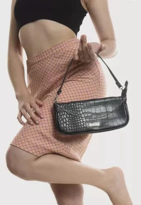 Bolsa Maria Milão Baguete Croco Preta