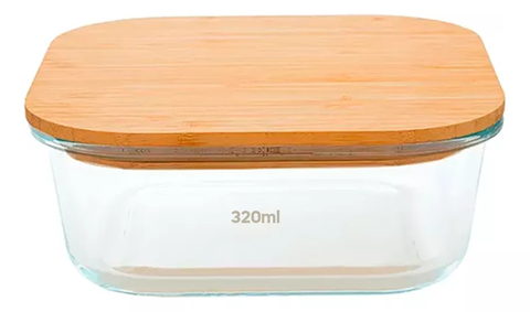 POTE VIDRO MARMITA QUADRADO COM TAMPA EM BAMBU 320ml