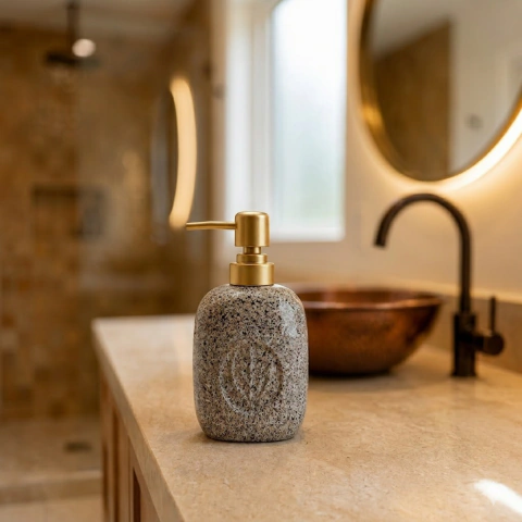 Porta Sabonete Líquido de Porcelana Granito e Dourado 260ml