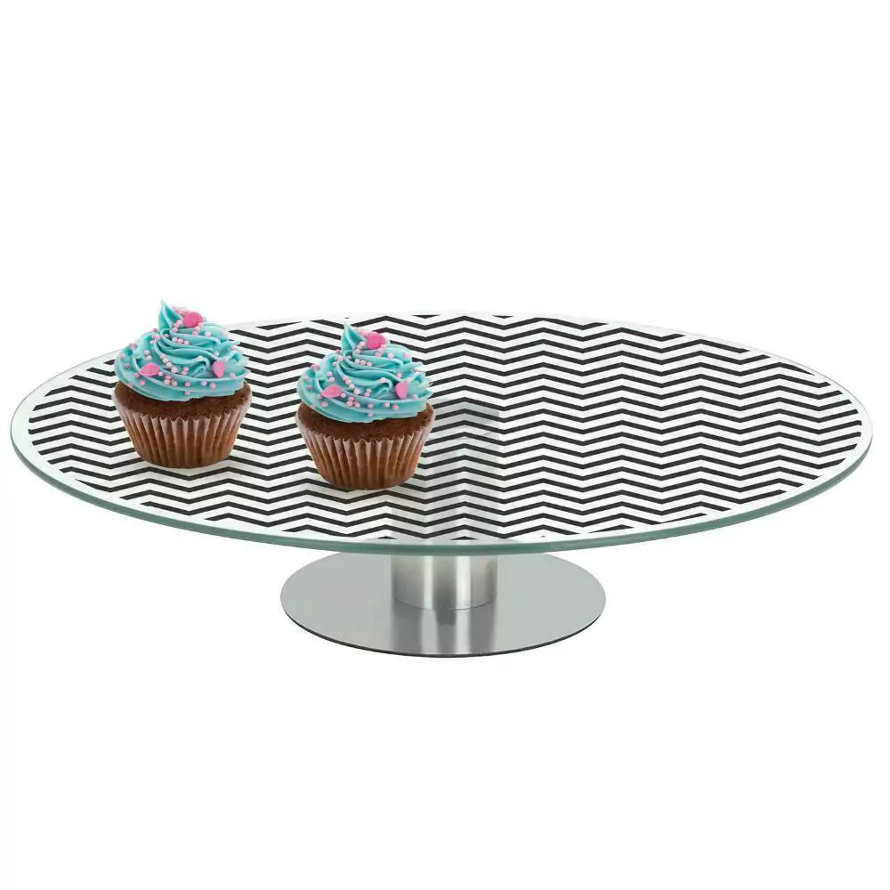 Prato de Bolo Doce 30Cm Vidro Decoração Base Inox