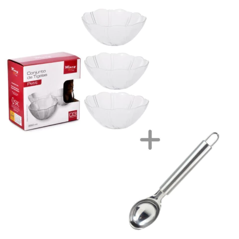 KIT BOWL PETIT VIDRO 350ML 3PCS + COLHER DE SORVETE INOX