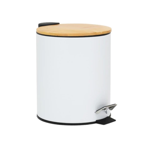 Lixeira de Inox Branca com Pedal e Tampa de Bambu