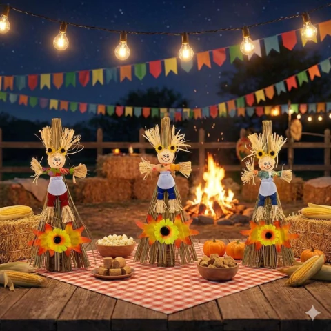 Kit Decoração Junina Espantalho Paglia Vassoura 3 Peças 35cm