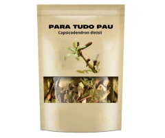 Pacote de chá "Para Tudo Pau" com a planta Capsicodendron dinisii visível através da janela transparente.