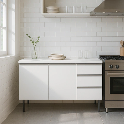 BAJO MESADA 2 PUERTAS 3 CAJONES 140 Cm BLANCO ALUMINIO - comprar online