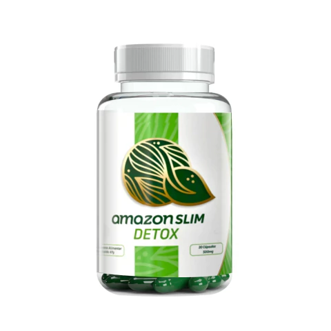 Frasco de suplemento Amazon Slim Detox com cápsulas verdes visíveis no interior