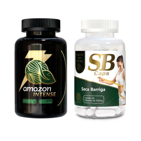 Combo de suplementos Amazon Intense e Seca Barriga em frascos com rótulos detalhados