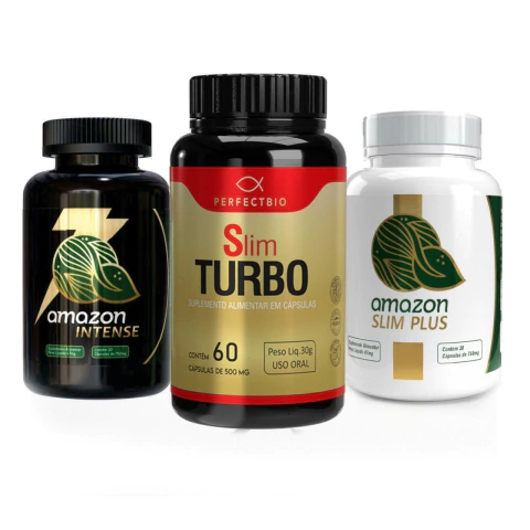 Trio de suplementos para emagrecimento Amazon Intense, Slim Turbo e Amazon Slim Plus em embalagens de cápsulas