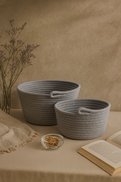 Kit 2 Cestos Cinza Algodão - comprar online