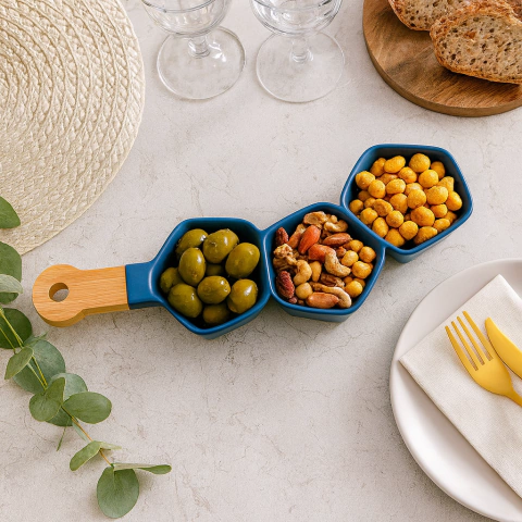 Petisqueira Azul Porcelana com Cabo Bambu - comprar online