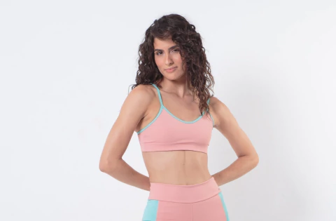 Top Esther cor salmão com detalhe azul piscina