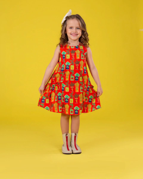VESTIDO ESTAMPA HORTINHA DIVERTIDA VERMELHO