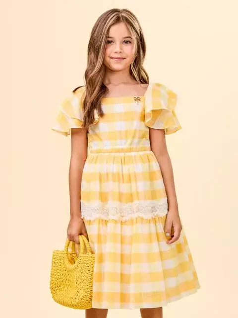 Vestido Xadrez Amarelo com Renda