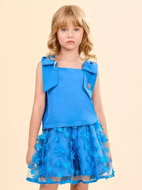 Conjunto Azul com Glitter e Flores 3D