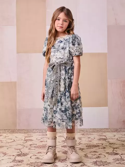 Vestido de Tule Estampado com Laço