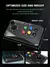 Imagem da console de videogame retrô com controle arcade, destacando seu design e dimensões.